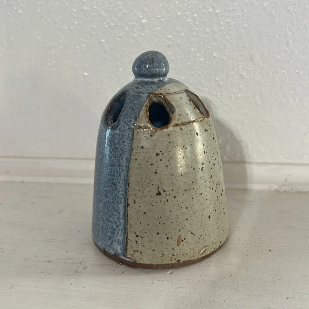 Handmade pottery frog floral holder with multiple holes blue gray glaze